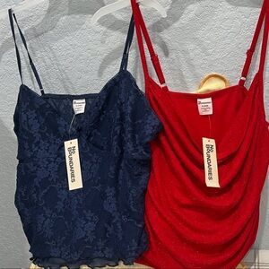 No Boundaries Navy Lace Cami & Red Sparkle Cowl Tank Duo